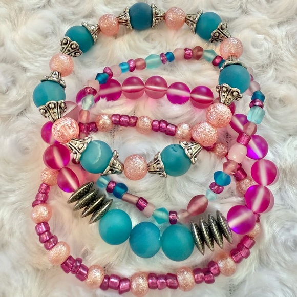Pink and Blue Beaded Bracelet Set - Picture 1 of 4